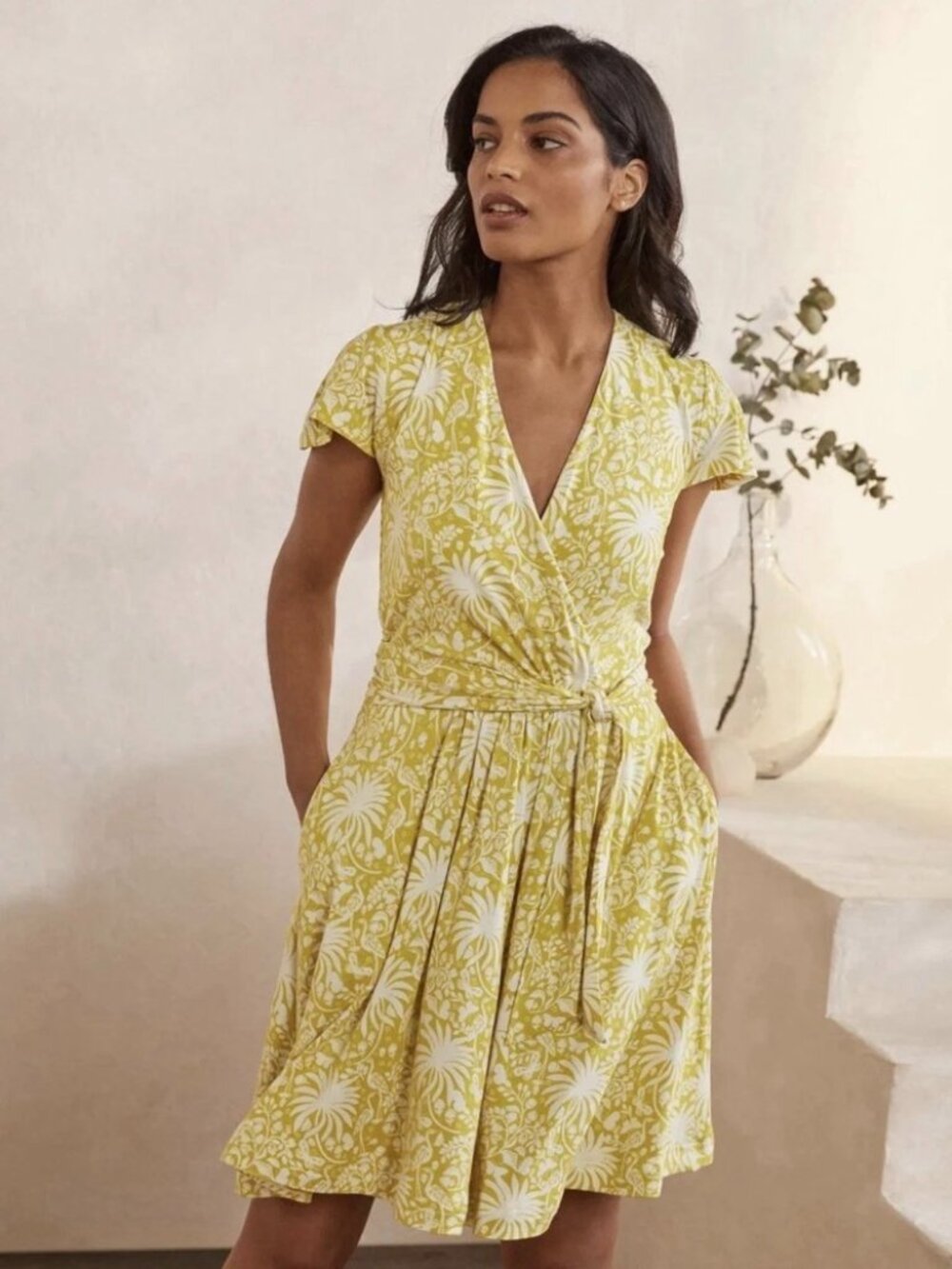 Boden Evangeline Jersey Wrap Dress in Floral Yellow Pattern